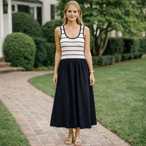 Moon River Tuckernuck Navy Striped Knit Top Poplin Midi Dress Preppy  XS